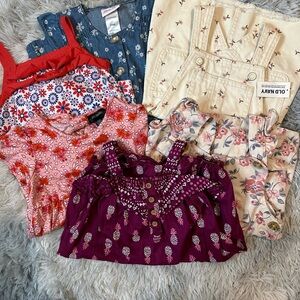 Toddler Old Navy overall dress, Carters burgundy romper, and misc one pieces set